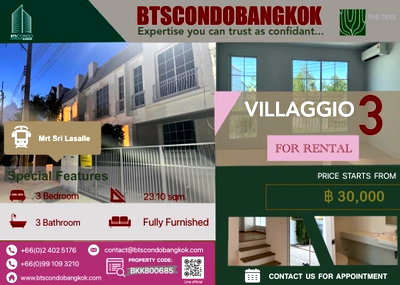 เช่าทาวน์โฮม เมกะ บางนา : 🌈🔥 Villaggio 3 3BR  3BH 23.10 sq.w 2 storeys nice decoration for  Rental■□