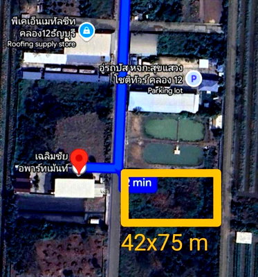 Land for sale : For sale: A beautiful plot of land near the PTT gas station at Klong 12, measuring 1-3-68 rai. Ideal for a cafe or a residential house.