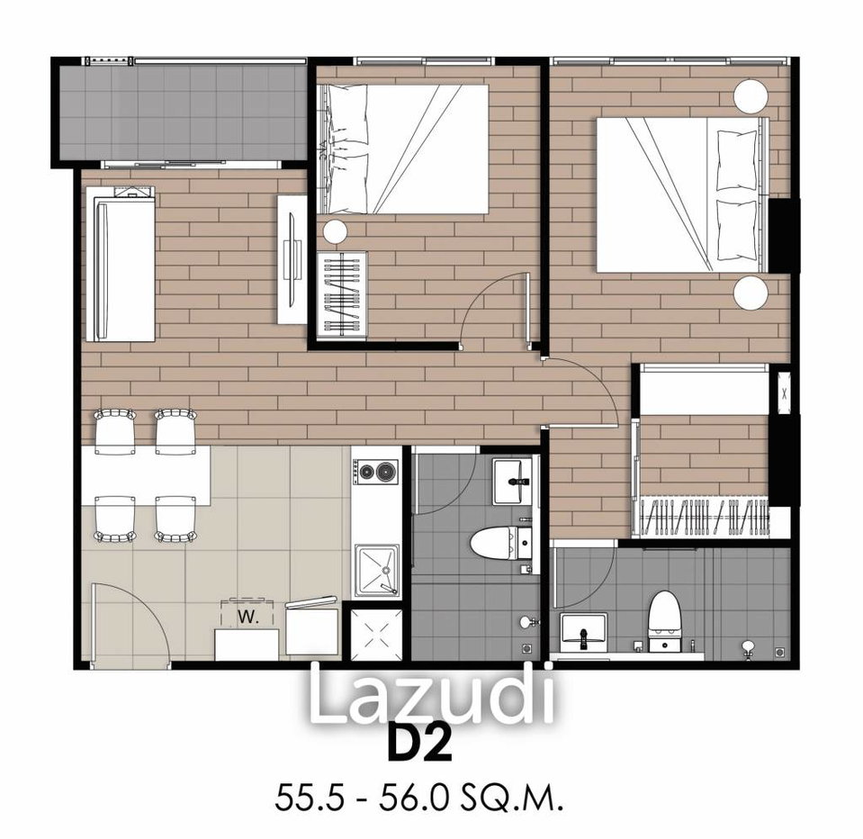 รูป 2 ห้องนอน 2 ห้องน้ำ 55.59 ตร.ม. นิช โมโน พระราม 9 - รูปที่ 1/1