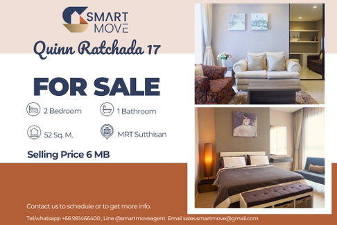 🔥 สำหรับขาย, ชั้นสูง 13++!!🔥 Code C20240201160..........Quinn Ratchada 17, 2 ห้องนอน, 1 ห้องน้ำ, แต่งครบ, ราคาพิเศษ!!📣📣