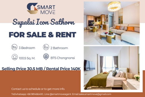 ขาย- เช่า ! 🔥SUPER LUXURY CLASS !! ชั้นสูง37+, ห้องทิศตะวันออก, วิวเมือง!🔥Code C20240400008..Supalai Icon Sathorn, 3 นอน, 2 น้ำ, แต่งครบ, ราคาพิเศษ!