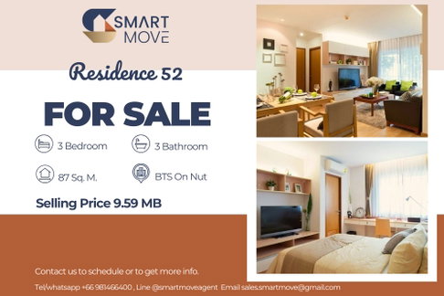 🔥 ขายพร้อมผู้เช่า!! ทำเลดี!!🔥 Code C20251000009..........Residence 52, 3 ห้องนอน, 3 ห้องน้ำ, แต่งครบ, ราคาพิเศษ!!📣📣