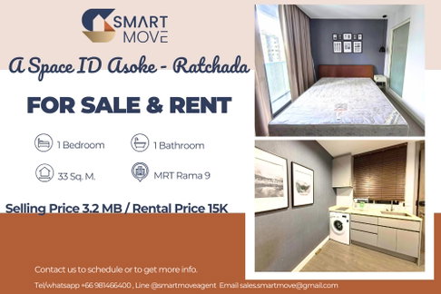 สำหรับขาย- เช่า !! ห้องทิศใต้, ทำเลดี!! 🔥 Code C20250900093...A Space ID Asoke - Ratchada, 1 นอน, 1 น้ำ, แต่งครบ, พร้อมเข้าอยู่, ราคาพิเศษ!!📣📣