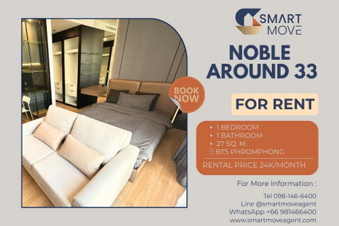 🔥 For Rent !! high floor 12++, !! 🔥Code C20230100471..........Noble Around 33, 1 bedroom, 1 bathroom, furnished, ready to move in 📣📣