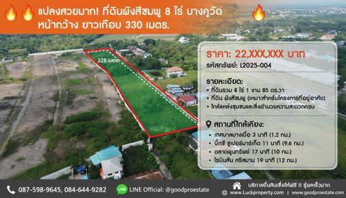 Prime Pink-Zone Land! 8 Rai in Bang Khu Wat — Nearly 330m Frontage, High-Potential Community Area, Ideal for Immediate Development. Title Deed Ready! 