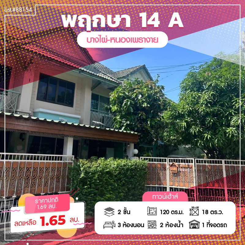 Townhouses for sale : ⭐ Corner Townhouse for Sale 🏘️✨ Pruksa 14A | 18 Sq.w. | Great Location Near Lat Pla Duk Temple  Listing no. 88154