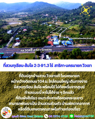 ที่ดิน นครนายก : ที่ดินพร้อมสวนทุเรียน-ส้มโอวิวเขา สาริกา นครนายก 2-3-91.3 ไร่ | เก็บผลผลิตได้ทันที คุ้มค่าการลงทุน