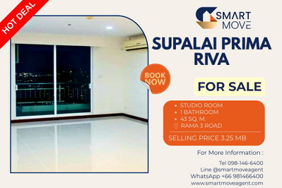 ขายคอนโด : 🔥 สำหรับขาย !!🔥 Code C20230800331..........Supalai Prima Riva, ห้องสตูดิโอ, 1 ห้องน้ำ, ชั้นสูง 25++, ห้องอยู่ทิศใต้, ตกแต่งบางส่วน, ราคาพิเศษ!!📣📣