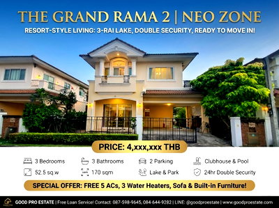 Houses for sale Samut Sakhon : Luxury Living at The Grand Rama 2 – Resort-Style Clubhouse, 3-Rai Lake View, 30m Main Avenue & Double Security – Move-in Ready