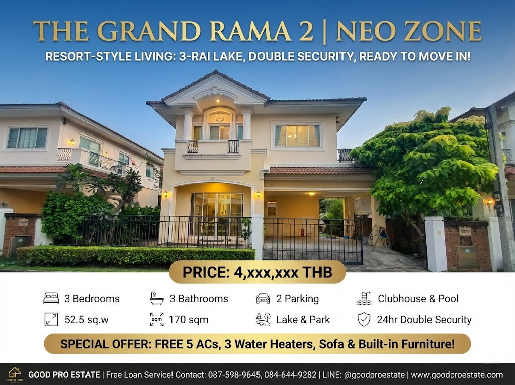 รูป บ้านหรู The Grand Rama 2 โซน NEO คลับเฮ้าส์ระดับรีสอร์ท ทะเลสาบ 3 ไร่  ถนนเมน 30 ม. ระบบ Double Security ครบทุกฟังก์ชัน พร้อมอยู่ทันที - รูปที่ 1/29