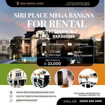 Townhouses for rent : 🎈🪿□■ Siri Place Mega Bangna   3 BR 3 BH Unfurnished / Fully Furnished  with the best price for  Rental ■□