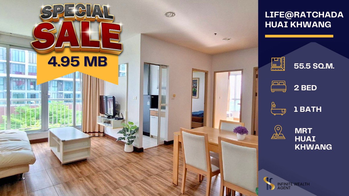 🔥 Spacious 2-bedroom unit (55 sq.m.) right next to MRT Huai Khwang 🚄 rare find under 100,000 THB/sq.m.! 💬 Ready to buy? Price is negotiable!