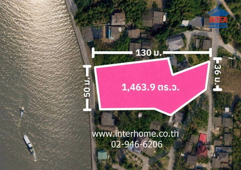 Land for sale by the Chao Phraya River. Riverside land located in Ban Mai Subdistrict, near Nonthaburi Bridge and close to Route 345.
