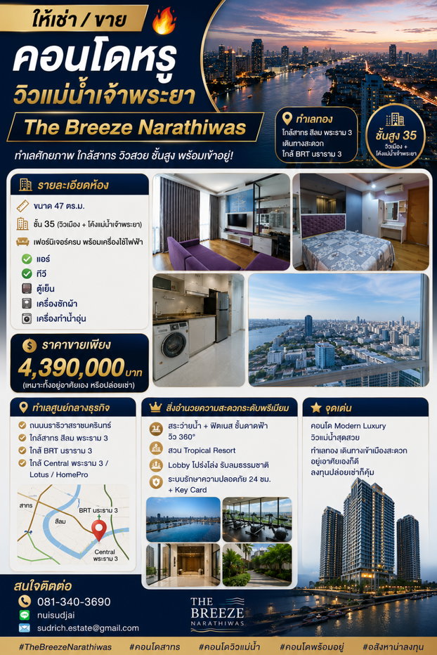 รูป ให้เช่าคอนโดหรู วิวแม่น้ำเจ้าพระยา – The Breeze Narathiwas - รูปที่ 3/22