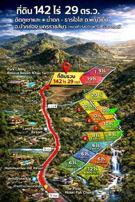Land for sale : Large Land for Sale – 142 Rai in Phaya Yen, Pak Chong  near to “Than Jai Sai” waterfall. Ideal for building a resort, homestay, private villa, or farm
