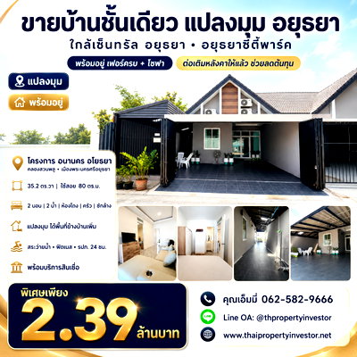 Houses for sale Phra Nakhon Sri Ayutthaya : Single-Storey Corner House for Sale in Ayutthaya City  Near Central Ayutthaya – Ayutthaya City Park  Brand-new, Move-in Ready, Fully Furnished 