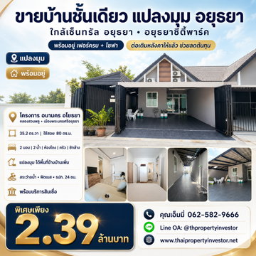 Single-Storey Corner House for Sale in Ayutthaya City  Near Central Ayutthaya – Ayutthaya City Park  Brand-new, Move-in Ready, Fully Furnished 