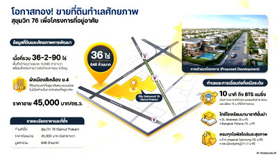 Land for sale Muang Samut Prakarn Samut Prakarn : 🔥Prime Large Land Plot on Sukhumvit 76 near BTS Bearing (Rare Item!)📍 Size: 36-2-90 Rai (approx. 14,690 Sq.w.)  💰 Price: 45,000 THB / Sq.w. 