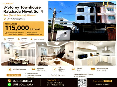 Townhouses for rent Thailand Cultural Centre  : 🏙️ For Rent: 3-story Townhouse, Ratchada Niwet Soi 4. Pets (small animals) allowed. 📍