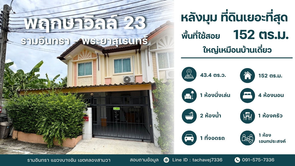 รูป ขายทาวน์เฮ้าส์หลังมุม พฤกษาวิลล์ 23 รามอินทรา-พระยาสุเรนทร์ พื้นที่ใหญ่จุใจขนาดบ้านเดี่ยว ต่อเติมครบ พร้อมอยู่/ทำโฮมออฟฟิศ! - รูปที่ 1/23