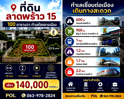 ที่ดิน ม.ราชภัฏจันทรเกษม : ขายที่ดิน ถนน ลาดพร้าว 15 แขวงบางซื่อฝั่งเหนือ เขตจตุจักร  เนื้อที่ ~100 ตารางวา