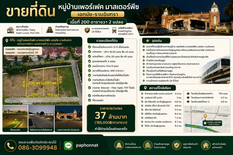 ขายที่ดิน : ขายที่ดิน 200 ตร.ว. Perfect Masterpiece เอกมัย–รามอินทรา | ทำเลเลียบด่วน | เหมาะสร้างบ้านหรู
