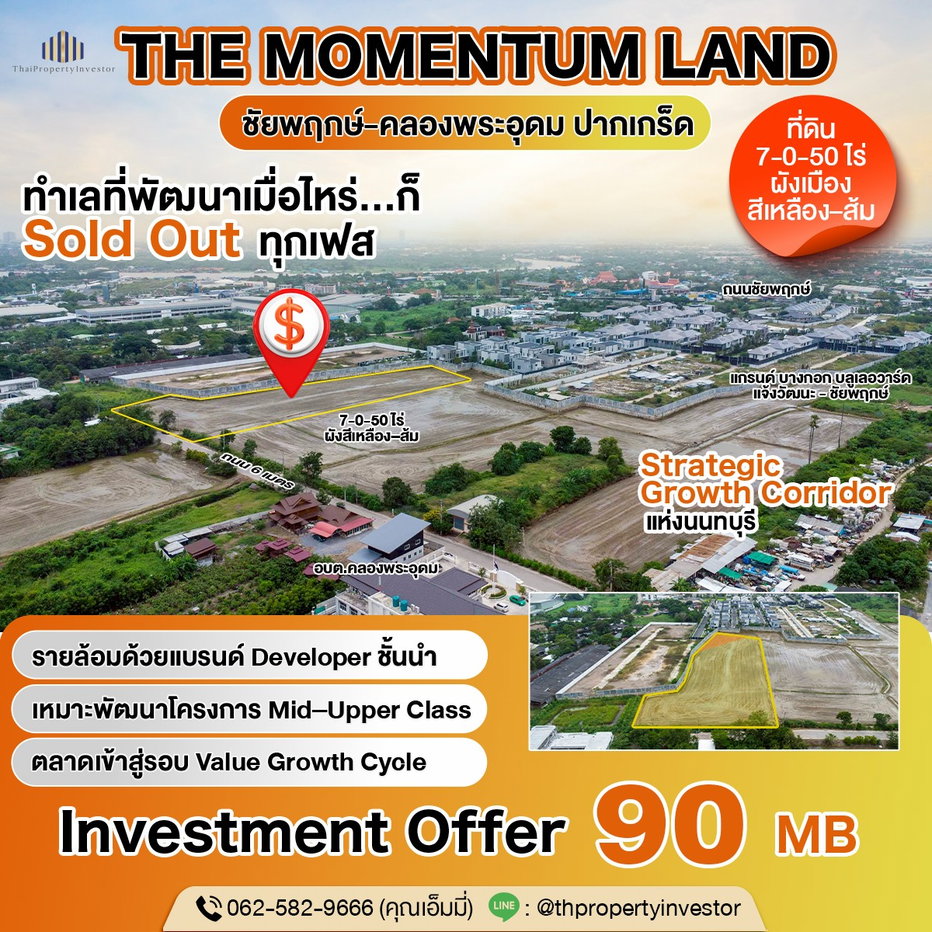 รูป ขายที่ดินชัยพฤกษ์–คลองพระอุดม ปากเกร็ด 7-0-50 ไร่ ใกล้ SISB–วัดสะพานสูง ผังเมืองเหลือง/ส้ม เหมาะพัฒนาโครงการบ้านจัดสรร | #TPI-2577 - รูปที่ 1/13