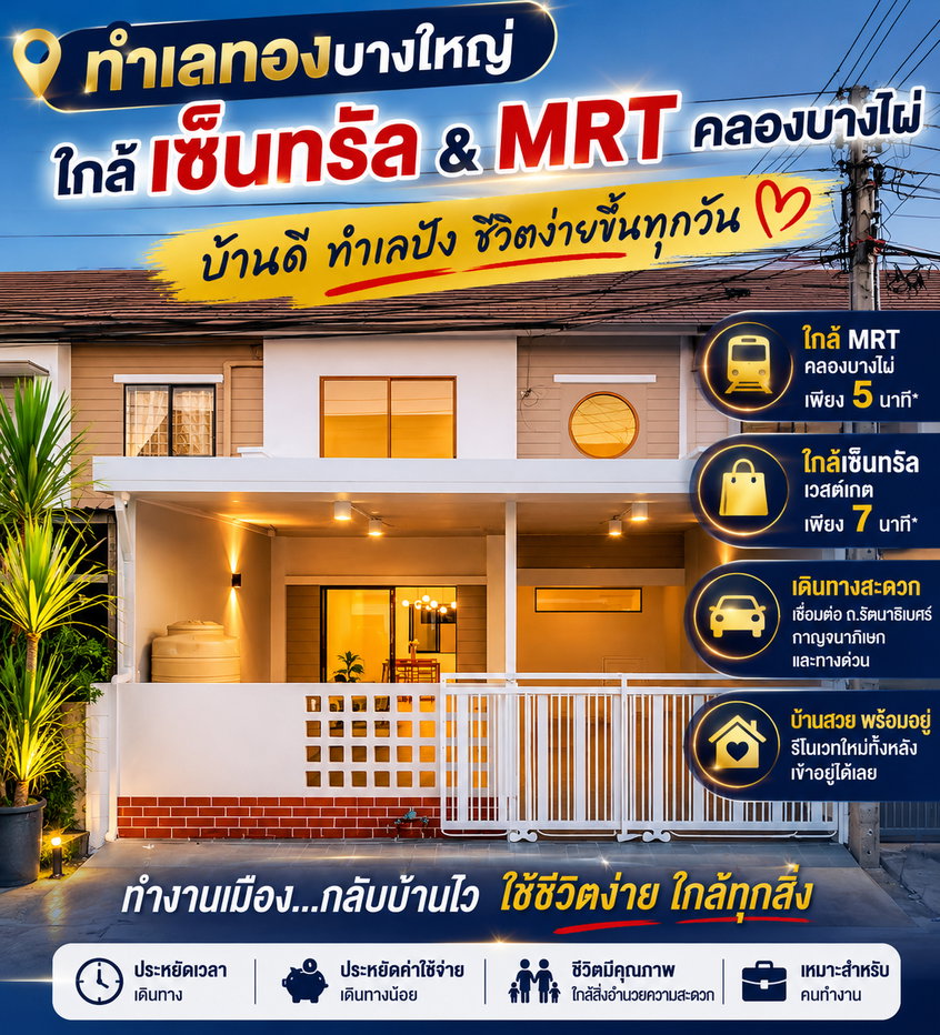 รูป ขายทาวน์เฮ้าส์มินิมอล พฤกษา 54 บางใหญ่ รีโนเวทใหม่พร้อมอยู่ ใกล้ MRT คลองบางไผ่ และเซ็นทรัลเวสต์เกต (ฟรีโอน) - รูปที่ 1/18