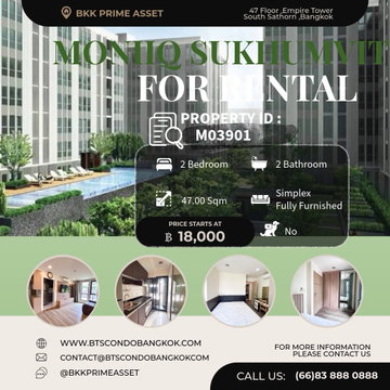 🌳🏢ใกล้ บีทีเอส ปุณณวิถีและบีทีเอสอุดมสุข วิวสระ   □■ Moniiq Sukhumvit 64  2BR 1BH 47 sq m Fully furnished closed Plan Kitchen for  Rental■□