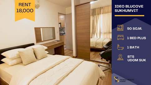 🏢 Rent Ideo Blucove Sukhumvit 🚆 Near BTS Udom Suk | 1Bed Plus 50 Sq.m. Open view, Fully furnished 💰 18k/m. 🌍 Foreigners Welcome by On-site Agent