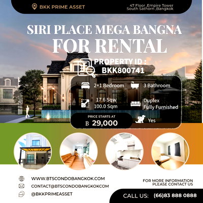 Townhouses for rent : 🌳🏡□■ Siri Place Mega Bangna Corner Plot 2+1 BR 3 BH Fully Furnished  with the best price for  Rental ■□🏡🌳