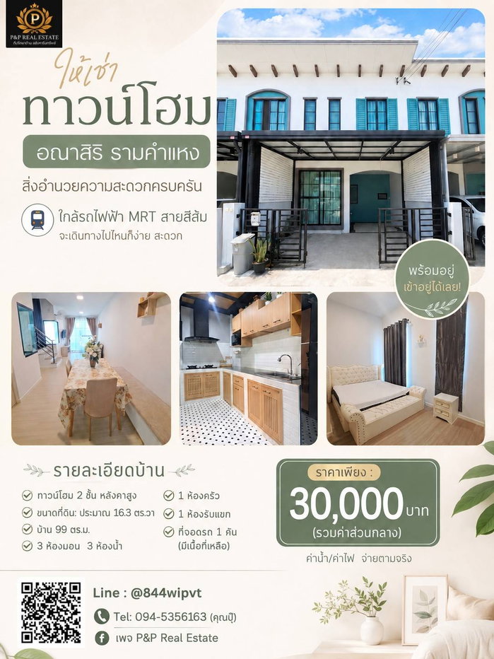 รูป ให้เช่าทาวน์โฮม 2 ชั้น หมู่บ้านอณาสิริ รามคำแหง บ้านพร้อมอยู่ เฟอร์นิเจอร์และเครื่องใช้ไฟฟ้าครบ - รูปที่ 1/14
