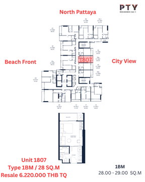 PTY Residence Sai1 Central Pattaya - Beachfront Condo 1 Bed, 18th Floor