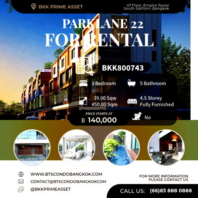 เช่าทาวน์โฮม ม.เกษมบัณฑิต พัฒนาการ : 🌳🏡□■ The Park Lane Ekamai 22  3 BR 5 BH  450 sqm. Corner plot with private swimming pool and private side yard for Rental Townhome for  Rental■□🏡🌳