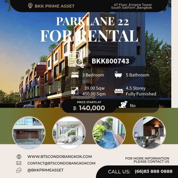 🌳🏡□■ The Park Lane Ekamai 22 3 BR 5 BH 450 sqm. Corner plot with private swimming pool and private side yard for Rental Townhome for Rental■□🏡🌳