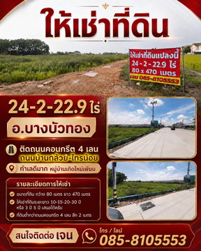 ให้เช่าที่ดิน 3-30 ปี อ.ไทรน้อย 24-2-22.9 ไร่ ติดถนนคอนกรีต 4 เลน ถนนบ้านกล้วย-ไทรน้อย ทำเลดีมาก หมู่บ้านเกิดใหม่เพียบ ให้เช่าระยะยาว