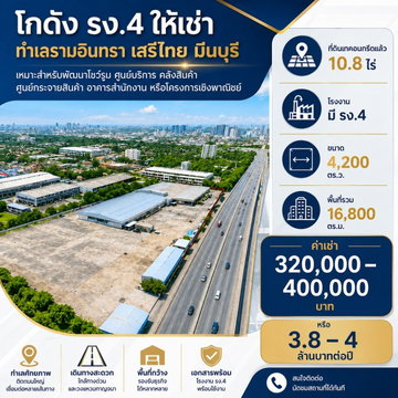 ถนนรามอินทรา เสรีไทย ตลาดมีนบุรี 2.2 กม. ที่ดินเทคอนกรีตแล้ว โกดัง 10.8ไร่ โรงงาน มี รง.4 16,800 ตร.ม.