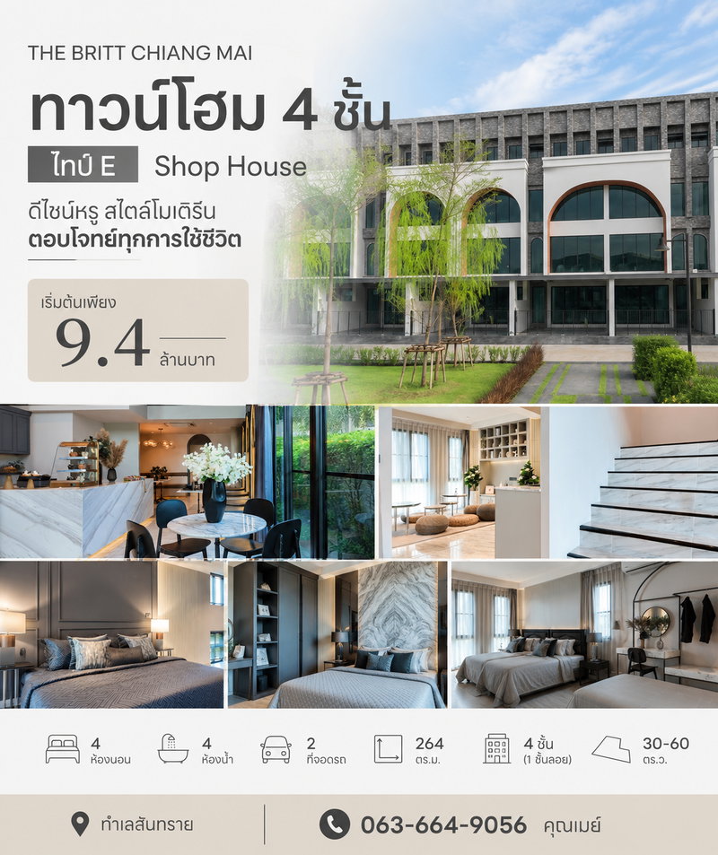 Townhouses for sale : The Britt Chiang Mai - Type E Shophouse/Townhome 4-Storey, San Sai Zone T. 063-6649056