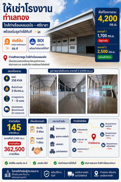 รูป ให้เช่าโรงงงานทำเลทอง 2500 ตรม. รองรับ รง.4 BOI ใกล้ท่าเรือแหลมฉบัง ศรีราชา - รูปที่ 1/13