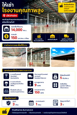 เช่าโรงงาน ระยอง : ให้เช่าโรงงาน/คลังสินค้า 14,000 ตรม. ใกล้นิคม ปลวกแดง ระยอง