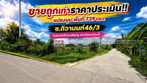 ขายที่ดินซอยติวานนท์46/3 ย่านสนามบินน้ำ พื้นที่ 739 ตรว. ขายเพียงแค่ 20,000 บาท/ตรว. แปลงมุม ขายเท่ากับราคาประเมินของกรมที่ดิน 