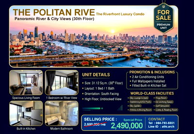ขายคอนโด : ✨ ขายคอนโดวิวแม่น้ำสุดอลังการ The Politan Rive (เดอะ โพลิแทน รีฟ) ชั้น 30 วิวเปิดโล่ง สวยสะกดตา!
