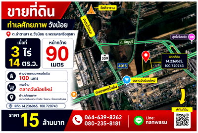 ที่ดิน แฟคตอรี่แลนด์ : ที่ดินเปล่า 3 ไร่ - ตรงข้าม ตลาดวังน้อยใหม่  ห่างจากถนนพหลโยธิน 100 เมตร