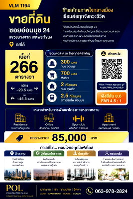 ที่ดิน ทรู ดิจิทัล พาร์ค : VLM 1194 | ขายที่ดินอ่อนนุช 24 ทำเลศักยภาพ ใกล้ถนนอ่อนนุช เหมาะพัฒนา Apartment / Residence / Office เนื้อที่ 266 ตารางวา